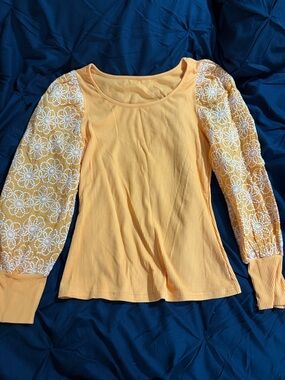 Women's orange Puff Sleeve Lace-Embellished Top